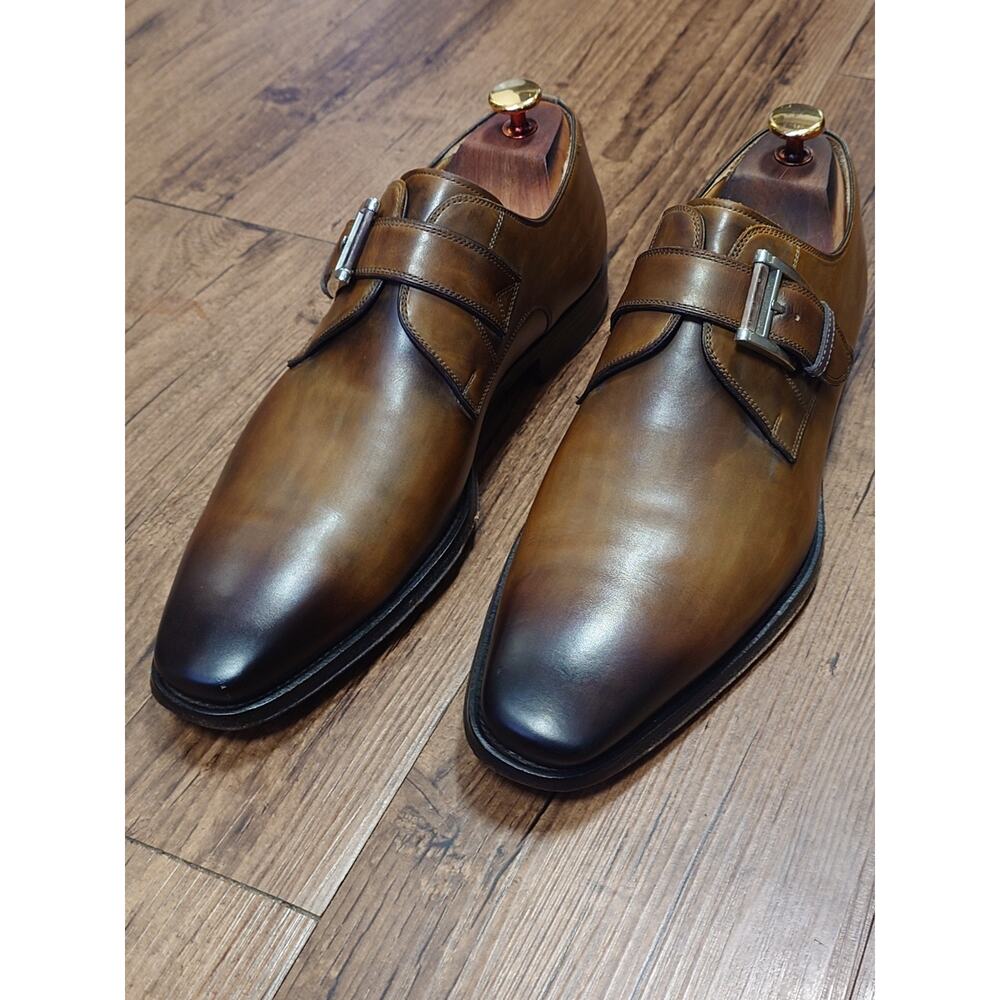 Magnanni Men’s Monk Strap 8.5M Bourbon Brown Burnished Leather Dress Shoes
